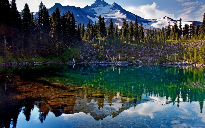 Mountain lake with evergreen trees and reflection