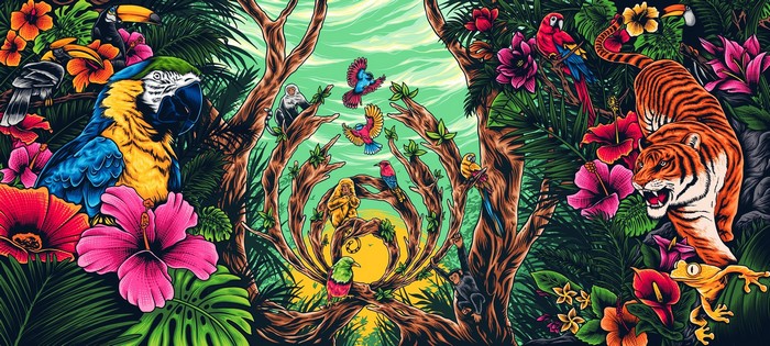 Jungle scene with animals and plants