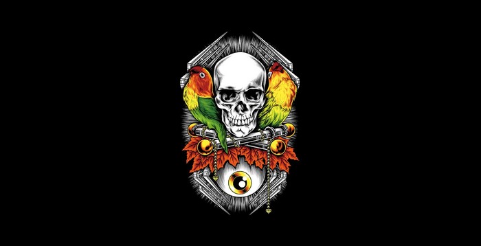 Skull with lovebirds and an eye