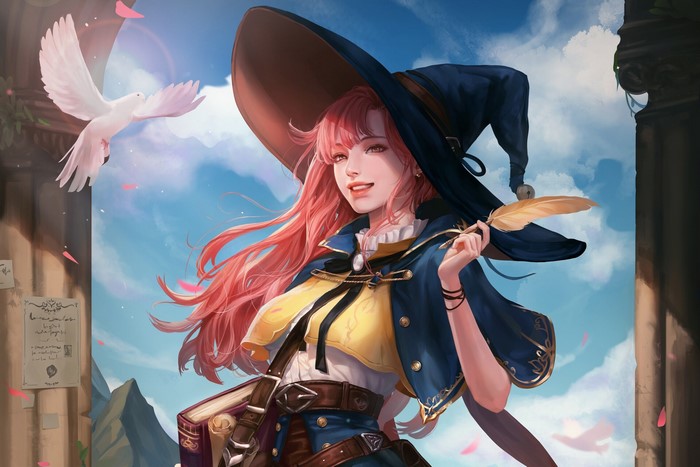 Anime witch girl with pink hair and a bird