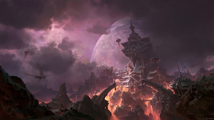 Fantasy city on a volcanic planet with a large moon