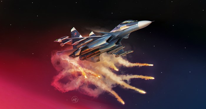 Sukhoi Su-30SM fighter jet deploying flares