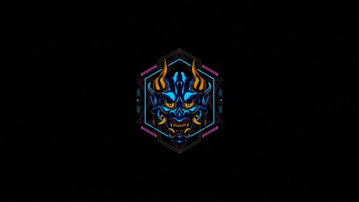 Blue Oni mask with geometric patterns on black background