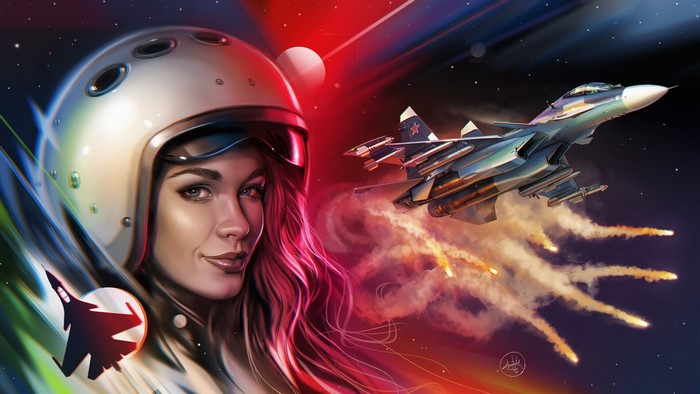 Woman pilot and Sukhoi Su-30SM fighter jet in space