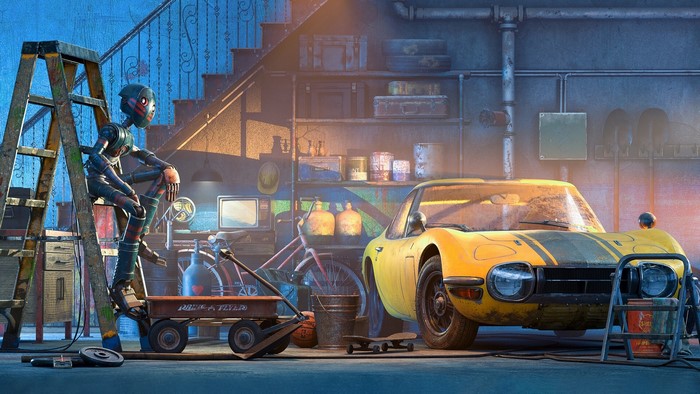 Robot on ladder next to yellow Toyota 2000GT in garage