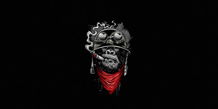 Artwork of a smoking gorilla wearing a helmet and bandana