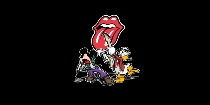 Mickey Mouse and Donald Duck with The Rolling Stones logo