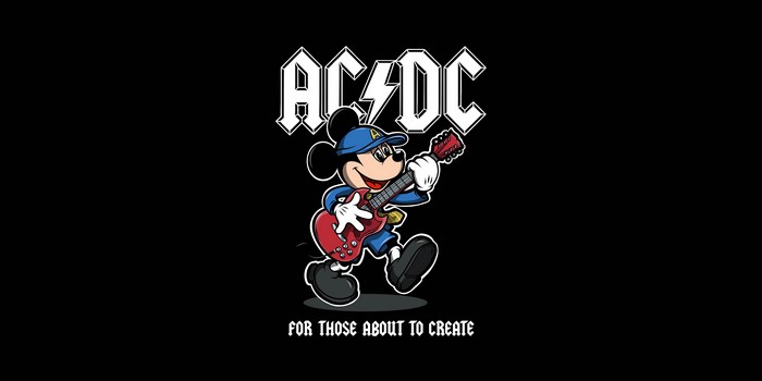 Mickey Mouse playing guitar with AC/DC logo