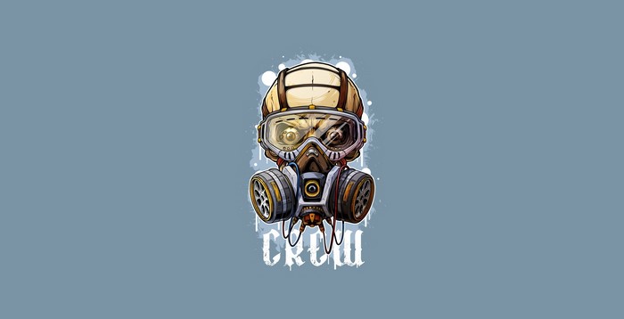 Artwork of a gas mask with skull elements and the word "CREW"