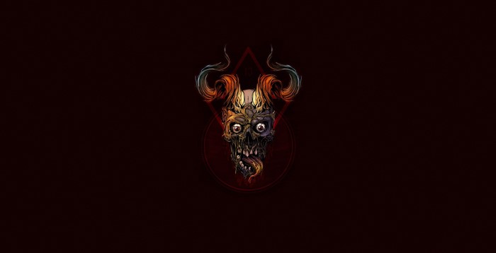 Demonic skull with horns on dark background