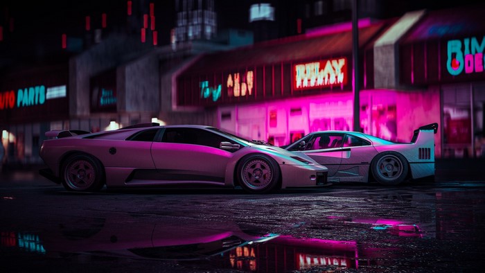 Lamborghini Diablo and Ferrari F-40 in neon city