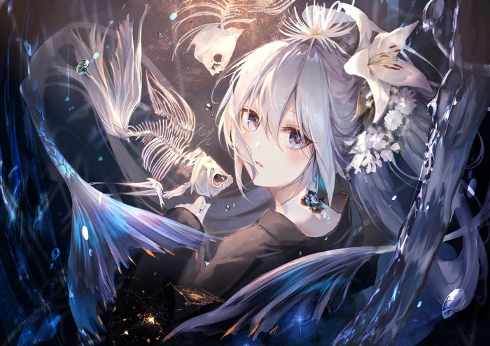 Anime girl with fish skeletons and mermaid tail