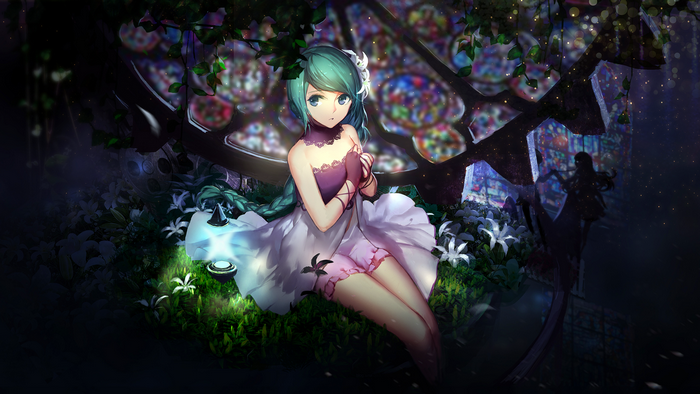 Hatsune Miku sitting in a garden with stained glass window