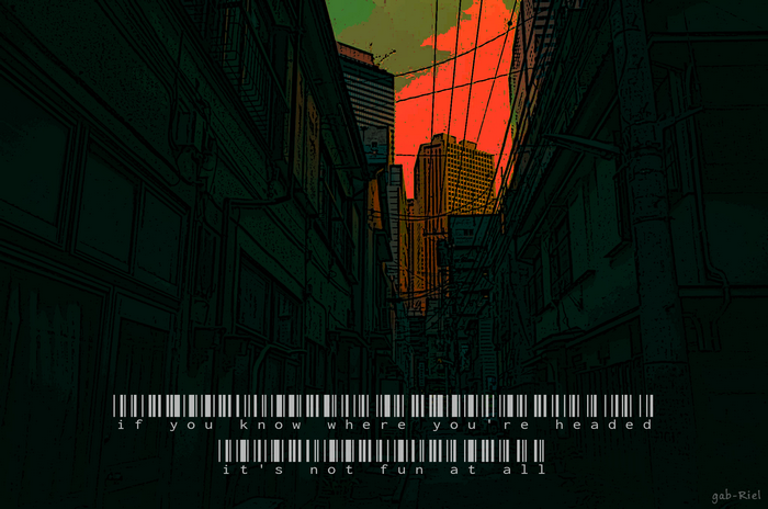 Alleyway with buildings and text