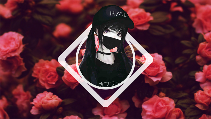 Anime girl with 'HATE' cap and mask over roses