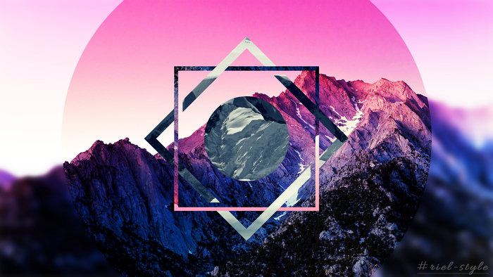 Geometric shapes over mountain landscape with pink sky