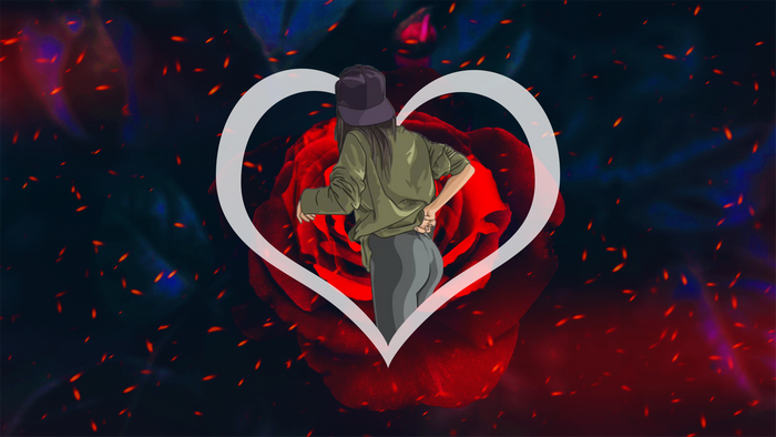 Girl in front of a red rose with fire particles