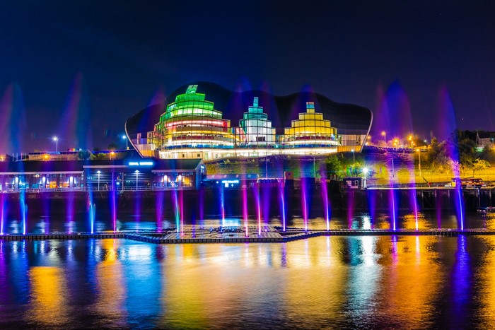 Sage Gateshead and Millennium Bridge Fountain at Night