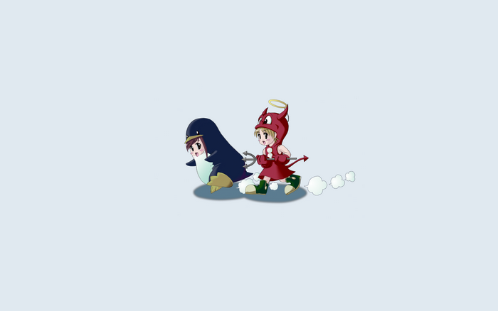 Anime girl in devil costume pulling penguin