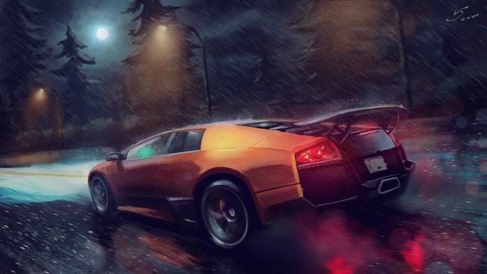 Orange Lamborghini Murcielago driving in the rain at night
