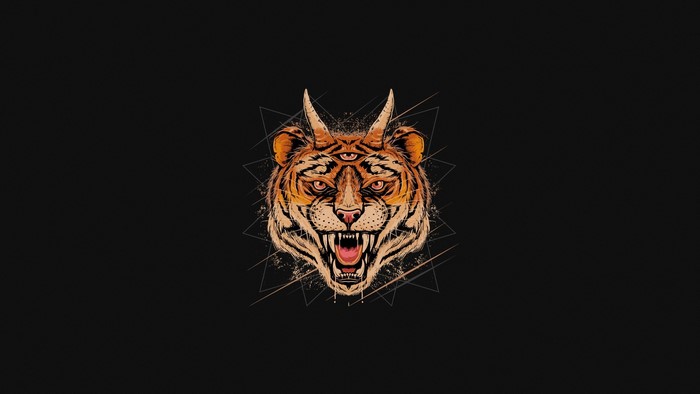 Tiger with horns and third eye on geometric background