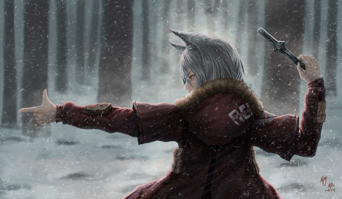 Projekt Red from Arknights in a snowy forest