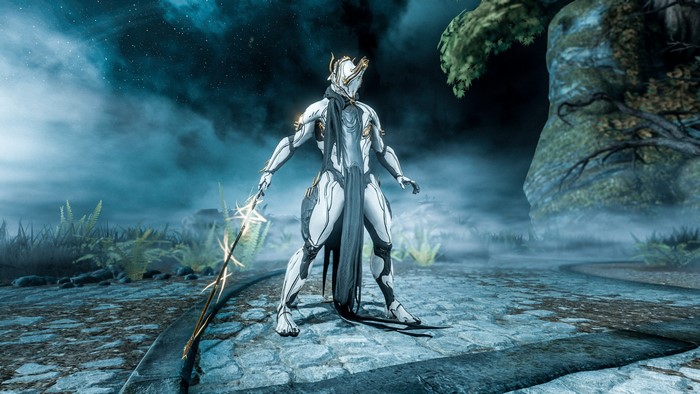 Excalibur from Warframe holding a glowing weapon