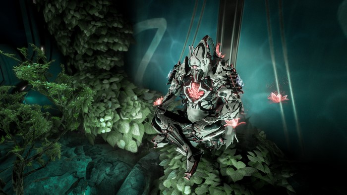 Ash from Warframe meditating in a lush environment