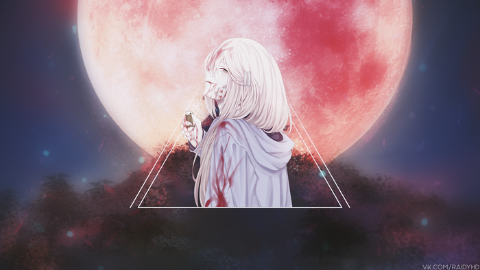 Anime girl with bloodstains under a red moon