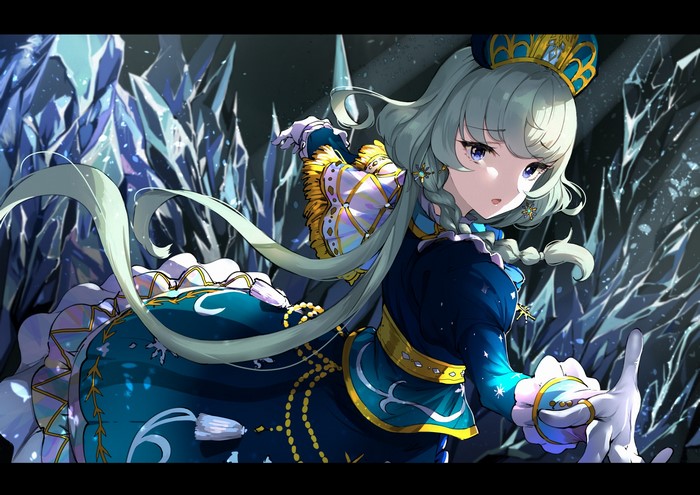 Anime girl in a blue dress with ice crystals