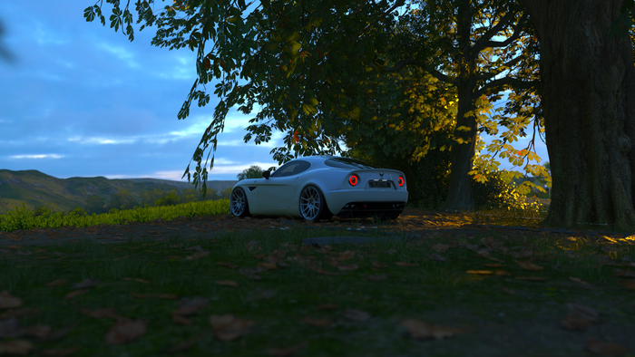White sports car in a forest at dusk