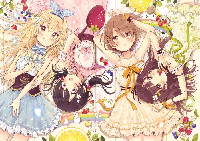 Anime girls with fruits and flowers