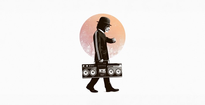 Skeleton in a suit carrying a boombox