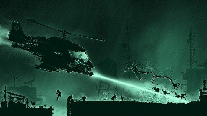 Futuristic helicopter firing a laser beam in the rain