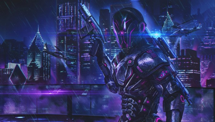 Cyberpunk soldier with a gun in a futuristic city