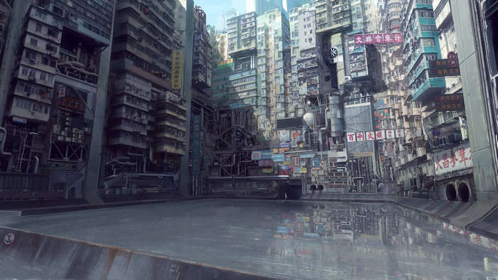 4K digital art of a futuristic Hong Kong cityscape with water