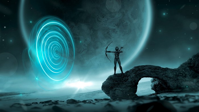 Archer aiming bow at glowing portal on alien planet
