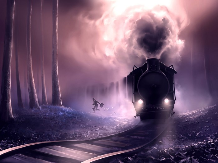 Man running after a steam train in a foggy forest