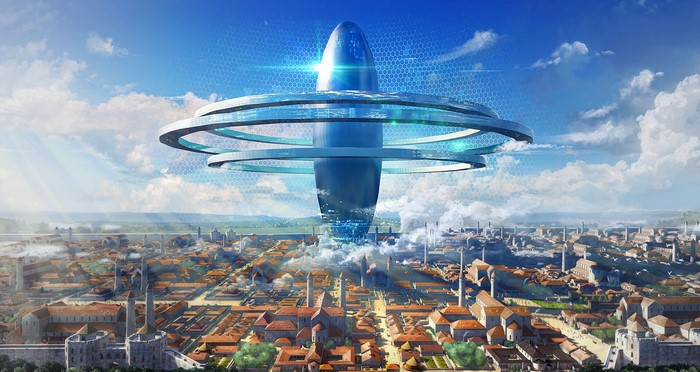 Science fiction city with a futuristic tower and rings