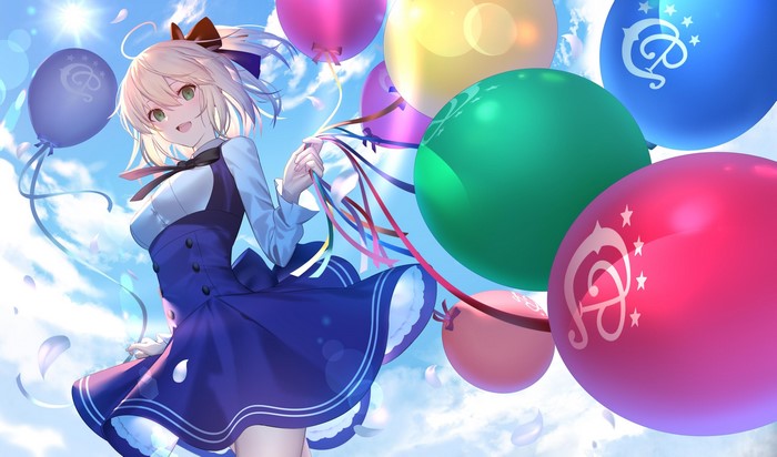 Saber from Fate/Grand Order holding balloons
