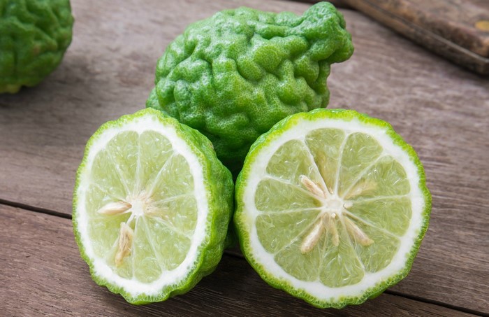 Bergamot fruits on a wooden table