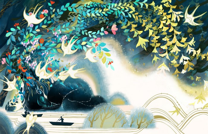 Birds flying through fantastical foliage with boats on water