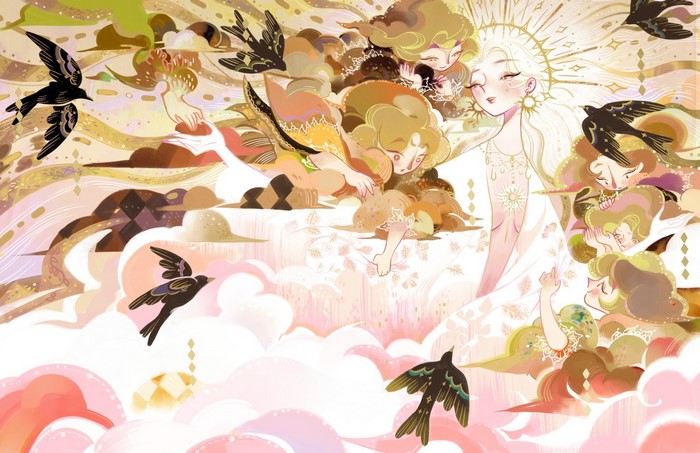 Anime girls and birds in a dreamlike sky