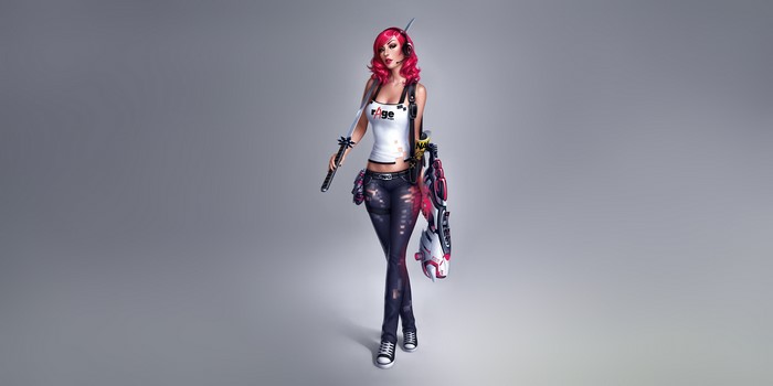Artwork of a woman with pink hair holding a sword