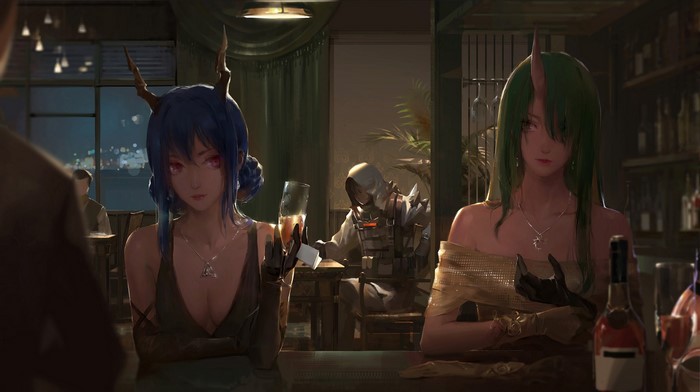 Anime girls with horns at a bar