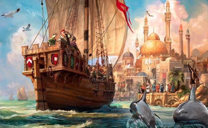 Sailing ship arriving at Anno 1404 port with dolphins