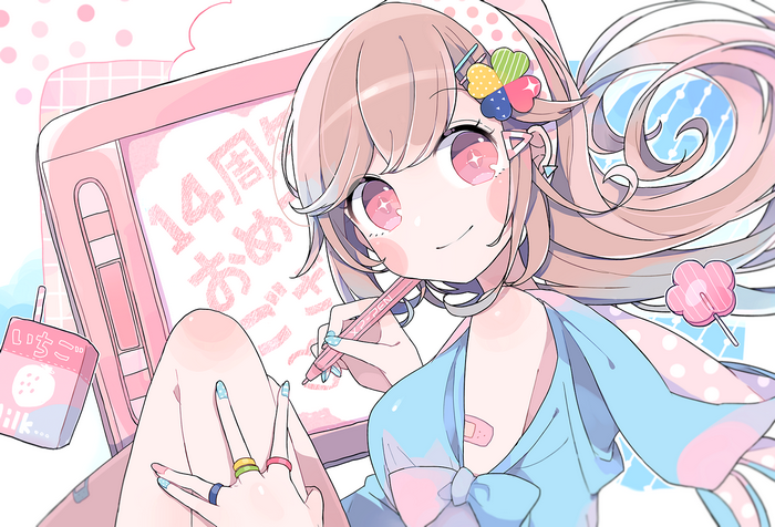 Anime girl drawing on a tablet with candy and milk