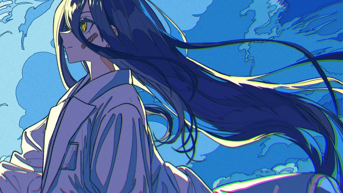 Anime girl with blue hair and band-aids