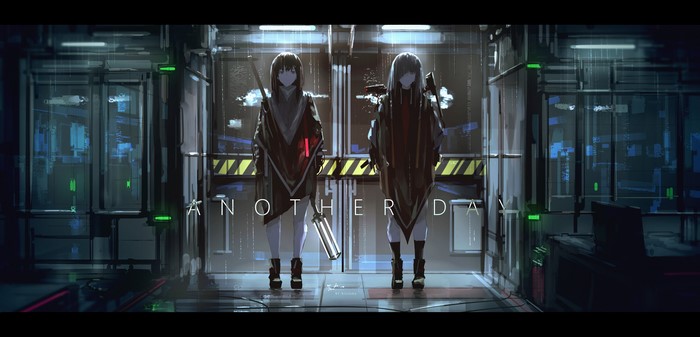 Two anime girls in a futuristic room with text "ANOTHER DAY"