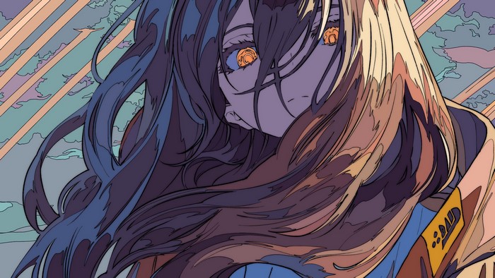 Anime girl with long brown hair and yellow eyes